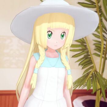 1girl 3d animated ass audible_speech blonde_hair blue_dress blue_sailor_collar bow bow_panties braid butt_crack clothes_lift dress dress_lift female_focus gluteal_fold green_eyes hat indoors japanese_audio koikatsu_(medium) lifting_own_clothes lillie_(pokemon) loli long_hair looking_at_viewer looking_back minazuki_manami nintendo panties plant pokemon pokemon_sm potted_plant sailor_collar solo sound standing sun_hat tagme talking thigh_gap twintails two-tone_dress underwear video white_bow white_dress white_hat white_panties