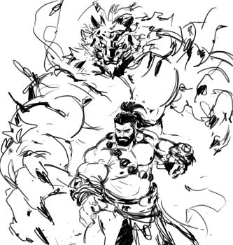 1boy aura bandaged_hand bandages bara beard black_hair broad_shoulders claws connected_beard cowboy_shot dopey_(dopq) facial_hair full_beard furry furry_male hair_between_eyes high_ponytail highres huge_pectorals league_of_legends long_hair looking_at_viewer monochrome muscular muscular_arms muscular_male mustache ponytail simple_background sketch spirit_guard_udyr strongman_waist thick_mustache tiger_boy tiger_stripes topless_male udyr unfinished white_background