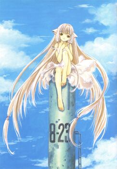 1girl absurdly_long_hair absurdres bare_shoulders barefoot blonde_hair brown_eyes chii chobits clamp clamp_(circle) cloud day dress feet floating_hair full_body highres long_hair official_art robot_ears sitting sky smile solo strap_slip sundress tower very_long_hair