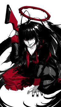 1girl absurdres ahoge black_dress black_nails blood blood_halo blood_on_clothes blue_archive breasts cleavage collared_shirt commentary dress greyscale halo highres hime_cut holding holding_weapon korean_commentary liquid_halo long_hair long_sleeves low_wings monochrome nail_polish over_shoulder red_eyes red_halo rocklobster52s school_uniform sharp_teeth shirt simple_background skirt teeth tongue tongue_out tsurugi_(blue_archive) weapon weapon_over_shoulder white_background wings