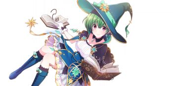 1girl aqua_gemstone asymmetrical_gloves black_bow black_capelet black_gloves blue_boots blue_corset blue_skirt book boots bow breasts capelet cleavage closed_mouth collarbone corset detached_collar dot_nose dress earrings floating floating_book floating_object game_cg gem glove_bow gloves green_hair green_hat green_ribbon hat hat_ornament hat_ribbon highres jewelry knee_boots lace-up_boots lapis_re:lights large_breasts layered_skirt looking_at_viewer lynette_(lapis_re:lights) mismatched_gloves official_art open_book purple_eyes ribbon short_hair simple_background skirt smile solo star_(symbol) star_earrings third-party_source transparent_background underbust white_dress white_gloves white_skirt wide_brim witch_hat