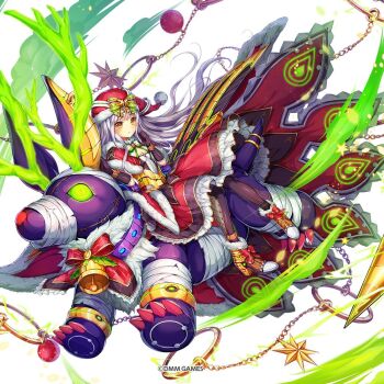 1girl cape commentary_request dmm frills gloves green_ribbon high_heels kamihime_project long_hair nephthys_(kamihime_project) orange_eyes pantyhose red_cape red_ribbon ribbon skirt straddling white_hair