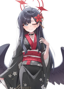 Rule 34 | 1girl, absurdres, black choker, black hair, black kimono, black wings, blue archive, choker, closed mouth, commentary, cowboy shot, eyeshadow, feathered wings, floral print, floral print kimono, flower, hair flower, hair ornament, halo, hand up, highres, ichika (blue archive), japanese clothes, kimono, long hair, looking at viewer, low wings, makeup, obi, print kimono, red eyeshadow, red flower, red halo, red sash, sash, shj1998z, simple background, smile, solo, untranslatable commentary, unusually open eyes, white background, wide sleeves, wings