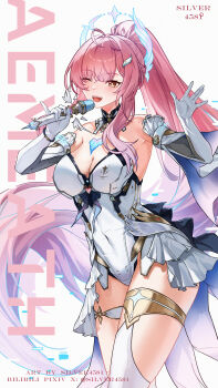 Rule 34 | 1girl, absurdres, aemeath (wuthering waves), artist name, bare shoulders, breasts, character name, chinese commentary, cleavage, commentary request, covered navel, elbow gloves, glitch, gloves, hair ornament, highres, large breasts, leotard, long hair, mole, mole on shoulder, one eye closed, open mouth, orange eyes, pink hair, ponytail, showgirl skirt, silver4581, skirt, smile, solo, star-shaped pupils, star (symbol), symbol-shaped pupils, thighs, waving, white gloves, white leotard, white skirt, wuthering waves