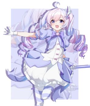 1girl ahoge blue_archive blurry blurry_background blush border bow chinese_commentary commentary_request drill_hair earrings foot_out_of_frame gloves hair_ornament highres holding jacket jewelry long_hair magical_girl making-of_available multicolored_hair multicolored_pantyhose no_halo official_alternate_costume official_alternate_hairstyle open_mouth outside_border outstretched_arm pantyhose pink_bow pink_hair puffy_short_sleeves puffy_sleeves purple_background purple_eyes purple_hair purple_jacket purple_pantyhose reisa_(blue_archive) reisa_(magical)_(blue_archive) shirt short_sleeves skirt sleeve_bow smile solo standing standing_on_one_leg star_(symbol) star_earrings star_hair_ornament striped_clothes striped_pantyhose twin_drills twintails two-tone_hair two-tone_pantyhose v-shaped_eyebrows white_border white_gloves white_pantyhose white_shirt white_skirt wing_hair_ornament xinjinjumin744310814669 zoom_layer