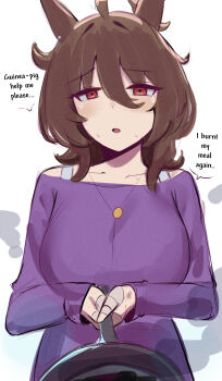 absurdres agnes_tachyon_(umamusume) ahoge animal_ears bra bra_strap casual chemical_structure earrings frying_pan highres horse_ears horse_girl horse_tail huge_ahoge iog626 jewelry purple_shirt purple_sweater shirt single_earring sleeves_past_fingers sleeves_past_wrists sweater tail umamusume umamusume:_beginning_of_a_new_era underwear wolf_cut
