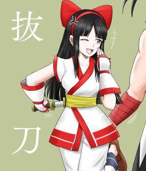 1boy 1girl ainu_clothes anger_vein black_hair breasts false_smile fingerless_gloves giggling gloves grabbing_another&#039;s_ass grabbing_from_behind grey_eyes groping hair_ribbon hand_over_mouth haoumaru harukai-i highres imminent_death incoming_attack japanese_clothes japanese_text large_breasts leg_lift leg_up legs long_hair molestation muscular muscular_male nakoruru one_eye_closed open_mouth ribbon samurai_spirits smile snk teeth the_king_of_fighters thighs tongue translated weapon wink