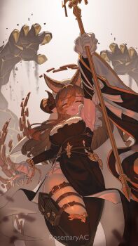 1girl absurdres animal_ears arm_up armpits black_dress boots breasts brown_hair claws closed_eyes commentary cropped_legs curvy desert draph dress elbow_gloves english_commentary expressionless eyelashes floating_clothes frilled_gloves frills from_below galleon_(granblue_fantasy) gloves granblue_fantasy granblue_fantasy_versus:_rising hair_between_eyes highres holding holding_staff horns large_breasts lips long_hair mage_staff multicolored_gloves multicolored_hair pointy_ears rosemary_ac side_slit sleeveless sleeveless_dress solo solo_focus staff streaked_hair summoning thigh_boots thigh_strap thighs very_long_sleeves white_gloves
