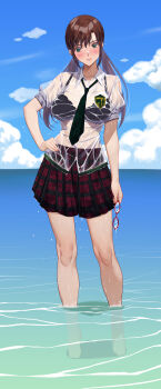 Rule 34 | 1girl, absurdres, akihiro0920, barefoot, black bra, black necktie, blue sky, blush, bra, bra visible through clothes, breasts, brown hair, cloud, collarbone, commentary request, commission, day, feet, glasses, green eyes, hair between eyes, hand on own hip, highres, holding, holding removed eyewear, horizon, long hair, looking at viewer, makinami mari illustrious, medium breasts, necktie, neon genesis evangelion, ocean, outdoors, partially submerged, pixiv commission, plaid clothes, plaid skirt, pleated skirt, red skirt, school uniform, see-through clothes, shirt, short sleeves, sidelocks, skirt, sky, solo, standing, toes, twintails, underwear, unworn eyewear, wet, wet clothes, wet shirt, white shirt