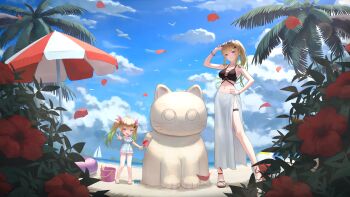 2girls :d absurdres arm_tattoo bare_shoulders beach_umbrella bikini bird black_bikini blonde_hair blue_sky character_request child cloud commentary_request copyright_request dress ear_piercing eyewear_on_head flower frills green_hair hand_on_own_hip highres holding legband long_hair looking_at_viewer multicolored_hair multiple_girls navel official_art open_mouth palm_tree piercing ponytail purple_eyes sand_sculpture seagull sky smile swimsuit tattoo tokaki tree twintails umbrella v