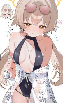 2girls absurdres alternate_costume black_nails blue_archive breasts brown_hair closed_mouth commentary cosplay eyewear_on_head fingernails halo hifumi_(blue_archive) highres long_hair multiple_girls nagisa_(blue_archive) nagisa_(blue_archive)_(cosplay) nagisa_(swimsuit)_(blue_archive) nail_polish orange_eyes shusuchii small_breasts sunglasses swimsuit symbol-only_commentary translation_request twintails yellow_halo