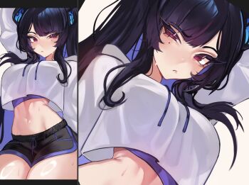 1girl alternate_costume alternate_hairstyle arm_up black_hair black_horns blue_hair blush breasts closed_mouth colored_inner_hair commentary demon_horns english_commentary hololive hololive_english hood hoodie horns large_breasts long_hair looking_at_viewer mole mole_under_eye multicolored_hair multiple_views navel nerissa_ravencroft ponytail red_eyes shorts suliavtuber sweat tank_top two-tone_hair very_long_hair virtual_youtuber