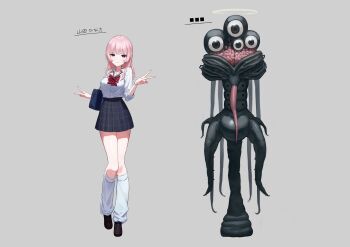 1girl :3 absurdres bag black_skirt bow braid brain breasts collared_shirt commentary_request creature double_v extra_eyes gyaru halo highres large_breasts leg_warmers long_hair looking_at_viewer mole mole_under_eye nail_polish original pink_hair red_bow red_nails school_uniform shirt shoulder_bag simple_background skirt smile tokaki v white_leg_warmers