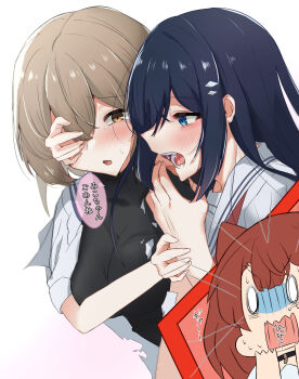 3girls akabeko123 black_choker black_hair black_shirt blue_eyes blush breasts brown_eyes brown_hair choker cleavage commentary_request highres imminent_bite long_hair multiple_girls open_mouth oumi_shiori red_hair shirt simple_background speech_bubble sweat translation_request watashi_wo_tabetai_hitodenashi white_background white_shirt yaotose_hinako yashiro_miko yuri