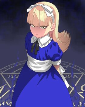 1girl ald alice_(megami_tensei) arms_behind_back blue_dress blue_fire blunt_bangs bow commission dress expressionless eyelashes eyes_visible_through_hair fire long_hair looking_at_viewer magic_circle persona sideways_glance skeb_commission skirt standing yellow_eyes