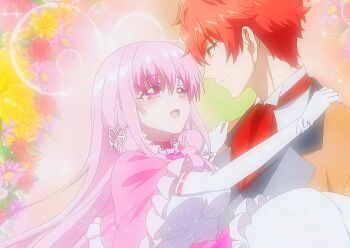 blush dancing dandelion_ginoford dress female_focus formal_clothes highres long_hair magnolia_konoha open_mouth pink_hair red_hair smile suit tensei_akujo_no_kuro_rekishi upper_body white_dress