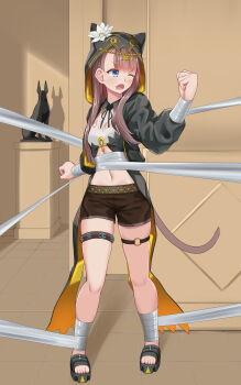 1852489 1girl absurdres ankh arknights bandages black_jacket blue_eyes breasts brown_hair brown_shorts commentary_request full_body highres hood hood_up indoors jacket one_eye_closed pepe_(arknights) sandals shorts small_breasts solo statue thigh_strap