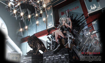1girl 3d :< absurdres ahoge animal_ears anti-materiel_rifle assault_rifle barrett_m82 black_shirt black_shoes breasts bullpup chandelier choker cleavage clip_(weapon) commentary cyrillic ear_piercing english_commentary from_below full_body grey_eyes grey_hair gun h&amp;k_ump hand_up highres hololive indoors iwi_tavor japanese_text keitel_von_birsk large_breasts lion lion_ears lion_girl lion_tail long_hair looking_at_viewer looking_down magazine_(weapon) navel piercing rifle russian_text see-through_cleavage see-through_clothes shirt shishiro_botan shoes shorts sleeveless sleeveless_shirt sneakers sniper_rifle solo statue stomach tail throne throne_room translated two_side_up virtual_youtuber weapon weapon_request