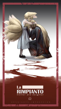 Rule 34 | 1girl, 2girls, absurdres, age difference, alternate costume, animal ear fluff, animal ears, arknights, bandaged arm, bandages, bare shoulders, black boots, black coat, black skirt, blonde hair, blood, bloody bandages, boots, border, brown gloves, check translation, closed mouth, coat, coat on shoulders, commentary, dress, english commentary, facial scar, fox ears, fox girl, fox tail, full body, gloves, gradient background, grey background, hair between eyes, hair rings, hand on own cheek, hand on own face, height difference, highres, hug, italian text, kissing head, kitsune, kyuubi, long hair, long sleeves, lu (pixiv20967832), mixed-language commentary, mother and daughter, multilingual commentary, multiple girls, multiple tails, omamori, orange eyes, red border, scar, scar on cheek, scar on face, shirt, simple background, skirt, squatting, standing, suzuran (arknights), tail, translation request, vulpisfoglia (arknights), white dress, yellow tail