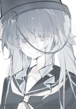 1girl black_shirt bucket bucket_on_head chinese_commentary closed_mouth commentary_request hair_between_eyes highres long_hair looking_at_viewer mahou_shoujo_no_majo_saiban monochrome object_on_head sailor_collar saitensei school_uniform shirt simple_background smile solo spoilers spot_color tsukishiro_yuki upper_body water wet white_background