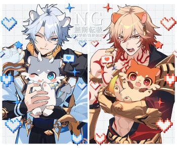 Rule 34 | 2boys, animal ear hairband, animal ears, antenna hair, arm tattoo, armlet, armor, black choker, black coat, black gloves, black shirt, blonde hair, blue cape, blue eyes, braid, cape, chest tattoo, chimera (honkai: star rail), choker, clawed gauntlets, coat, commentary request, creature, earrings, facial tattoo, fake animal ears, fingerless gloves, gloves, gold earrings, gold necklace, gradient hair, hairband, heart, holding, holding creature, honkai: star rail, honkai (series), jewelry, male focus, medium hair, multicolored hair, multiple boys, mydei (fig stew) (honkai: star rail), mydei (honkai: star rail), neck tattoo, necklace, one eye closed, open clothes, open coat, parted bangs, pauldrons, phainon (honkai: star rail), phainon (vigethos) (honkai: star rail), red hair, red tattoo, sakura 0270, shirt, short hair, shoulder armor, side braid, single glove, single pauldron, spoken heart, sun symbol, sun tattoo, tan, tattoo, tongue, tongue out, watermark, white coat, white hair, yellow eyes