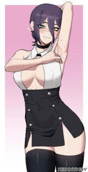 1girl arm_behind_head arm_up armpits artist_name black_choker black_hair black_thighhighs blush border breasts chainsaw_man choker closed_mouth commentary gradient_background green_eyes grenade_pin hair_between_eyes high-waist_skirt highres k3nnyn3v looking_at_viewer pink_background presenting_armpit reze_(chainsaw_man) shirt short_hair skirt solo standing sweat symbol-only_commentary thighhighs white_border white_shirt