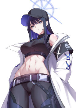 1girl abs absurdres belt black_belt black_hair black_hat black_pants blue_archive blue_eyes blue_hair blue_halo breasts closed_mouth commentary_request commission halo hat highres kurosaki_saya long_hair looking_at_viewer medium_breasts midriff multicolored_hair navel pants saori_(blue_archive) simple_background skeb_commission solo standing two-tone_hair white_background