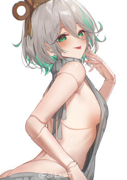 1girl alternate_costume breasts cecilia_immergreen closed_mouth commentary doll_joints english_commentary green_eyes green_streaks grey_sweater hololive hololive_english joints looking_at_viewer medium_hair multicolored_hair small_breasts smile solo streaked_hair sweater tongue tongue_out virgin_killer_sweater white_hair zinkaa