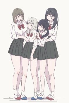 4girls absurdres ankle_socks aqua_eyes arm_hug black_hair bow bowtie brown_hair collared_shirt commentary_request cup disposable_cup drinking_glass drinking_straw drinking_straw_in_mouth film_grain full_body grey_eyes grey_skirt hair_over_shoulder hand_up highres holding holding_cup long_hair medium_hair miniskirt miyao385 multicolored_hair multiple_girls open_mouth original pink_eyes pleated_skirt purple_eyes raised_inner_eyebrows red_bow red_bowtie school_uniform shirt shirt_tucked_in shoes simple_background skirt smile socks standing straight_hair streaked_hair twintails uwabaki white_background white_hair white_shirt white_shoes white_socks