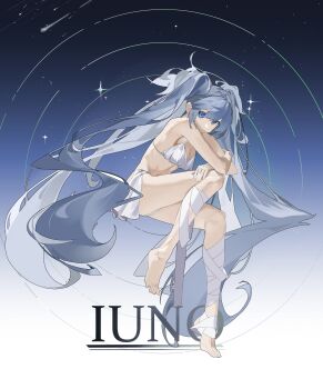 1girl absurdres bare_shoulders barefoot blue_eyes blue_hair breasts character_name chinese_commentary closed_mouth commentary_request dududadududaqwq feet full_body gradient_background hair_between_eyes highres invisible_chair iuno_(wuthering_waves) leg_wrap long_hair looking_at_viewer medium_breasts sitting solo thighs toes twintails very_long_hair wuthering_waves