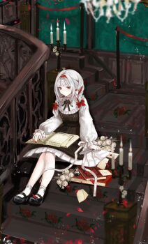 1girl amazu_(uzu_amazu) black_bow black_dress black_shoes book bow candelabra candle candlestand dress earrings flower hairband highres indoors jewelry letter nail_polish original paper reading red_eyes shoes short_hair sitting socks solo stairs white_hair white_socks