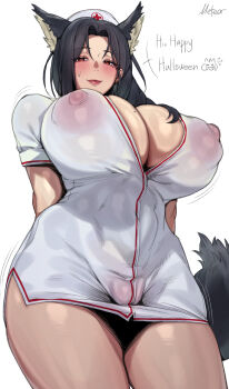 1girl absurdres animal_ears arms_behind_back black_hair blush breasts cleavage covered_erect_nipples dress duplicate fat_mons hat highres huge_breasts huge_nipples nurse nurse_cap original orrrca1701 pixel-perfect_duplicate puffy_nipples red_eyes sera(orrrca1701) solo tail white_dress wolf_ears wolf_tail