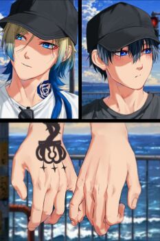 2boys alternate_costume bl_111252 black_hair black_shirt blonde_hair blue_eyes blue_hair blue_lock blue_tattoo closed_mouth eyeliner eyewear_hang gradient_hair hand_tattoo hat highres holding_hands isagi_yoichi light_blush long_hair looking_to_the_side makeup male_focus michael_kaiser multicolored_hair multiple_boys neck_tattoo ocean portrait red_eyeliner shirt short_hair sunglasses tattoo two-tone_hair unworn_eyewear white_shirt yaoi