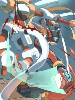 Rule 34 | 1boy, absurdres, armor, black eyes, commentary request, energy sword, forehead jewel, helmet, highres, holding, holding sword, holding weapon, male focus, mega man (series), mega man zero (series), monkey, non-humanoid robot, omochi (mochi skymega), red armor, red helmet, robot, robot animal, sword, weapon, z saber, zero(z) (mega man), zero (mega man)