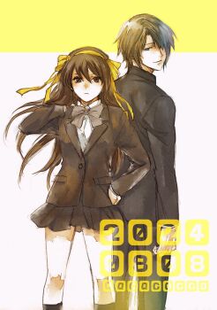 Rule 34 | 1boy, 1girl, acaco, black jacket, black socks, bow, bowtie, commentary request, cowboy shot, dated, gakuran, hand on own hip, jacket, kneehighs, koizumi itsuki, light smile, long hair, looking back, ribbon, school uniform, short hair, socks, suzumiya haruhi, suzumiya haruhi no yuuutsu, yellow ribbon