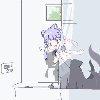 1girl animal_ear_hairband animal_ears bathroom bathtub black_skirt black_sleeves cat_ear_hairband cat_ears day different_shadow fake_animal_ears flying_sweatdrops furrowed_brow hair_ribbon hairband indoors lokulo-chan_(lokulo_no_mawashimono) lokulo_no_mawashimono loli looking_at_viewer lowres open_mouth original pasties peeking_out purple_eyes purple_hair red_ribbon reference_request ribbon see-through_silhouette shrug_(clothing) skirt smile solo tentacle_legs tentacles thermostat topless_female window