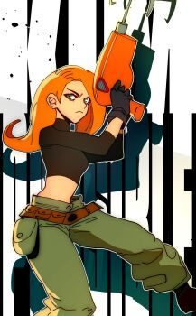 1girl belt black_gloves black_shirt boots closed_mouth commentary crop_top gloves green_eyes green_pants highres holding holding_weapon isaacchief300 kim_possible kim_possible_(series) long_hair long_sleeves orange_hair pants shadow shirt solo weapon