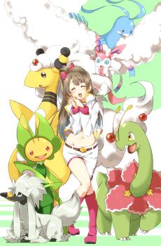 10s 1girl altaria ampharos bow brown_hair closed_eyes crossover furfrou furfrou_(natural) gen_2_pokemon gen_3_pokemon gen_5_pokemon gen_6_pokemon highres ksk_(semicha_keisuke) leavanny long_hair love_live! love_live!_school_idol_festival love_live!_school_idol_project mega_ampharos mega_pokemon meganium minami_kotori nintendo one_side_up open_mouth pokemon pokemon_(creature) pokemon_team smile sylveon