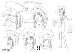 Rule 34 | 00s, 1girl, absurdres, breasts, character sheet, cleavage, forte stollen, full body, galaxy angel, hat, highres, large breasts, looking at viewer, monochrome, monocle, multiple views, official art, scan, short hair, simple background, smile, solo, standing, thick thighs, thighs, white background