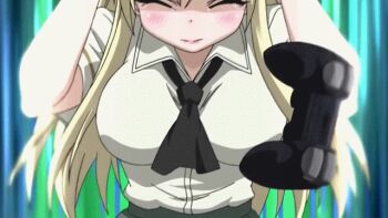 10s 1girl angry animated animated_gif anime_screenshot blonde_hair boku_wa_tomodachi_ga_sukunai bouncing_breasts breasts butterfly_hair_ornament controller female_focus game_console hair_ornament kashiwazaki_sena large_breasts long_hair playstation_3 ragequit school_uniform solo st._chronica_academy_school_uniform