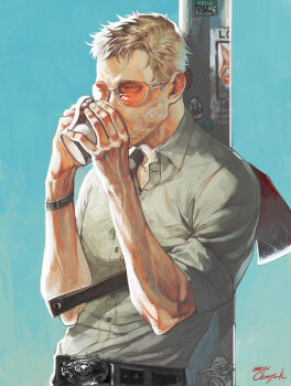 1boy axe beard_stubble belt black_belt blonde_hair blood bloody_weapon blue_sky collared_shirt ctkcave cup drinking facial_hair glasses green_shirt hair_slicked_back holding holding_axe holding_cup holding_weapon lamppost male_focus missing_poster muscular muscular_male orange-tinted_eyewear original shirt short_hair sky solo stubble tinted_eyewear watch weapon wristwatch