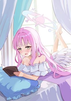 1girl absurdres angel_wings bare_shoulders barefoot blue_archive blush book dress feathered_wings halo highres holding holding_book low_wings lying mika_(blue_archive) on_stomach open_mouth pink_halo smile smyin_rii solo white_dress white_wings wings yellow_eyes