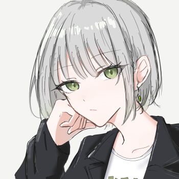1girl black_jacket closed_mouth collarbone commentary crew_neck earrings expressionless green_eyes grey_background grey_hair hand_on_own_cheek hand_on_own_face hand_up head_rest highres hinomori_shiho jacket jewelry lapels long_sleeves looking_at_viewer notched_lapels official_alternate_costume official_alternate_hairstyle open_clothes open_jacket portrait project_sekai shiramesi89 shirt short_hair sidelocks simple_background solo symbol-only_commentary t-shirt tsurime upper_body white_shirt zozotown