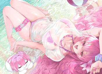 1girl absurdres ball beach beachball bikini breasts commentary day dishwasher1910 doro_(nikke) dorothy_(nikke) english_commentary glasses goddess_of_victory:_nikke highres jewelry large_breasts long_hair looking_at_viewer lying navel necklace on_back open_mouth outdoors pink_bikini pink_eyes pink_hair scrunchie see-through_clothes see-through_shirt shirt short_sleeves smile solo stomach swimsuit thigh_strap thighs water wrist_scrunchie