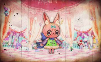 abstract abstract_background animal_ear_fluff artist_request bow candy_(madoka_magica) creature creature_focus curtains dress film_grain fur-trimmed_dress fur_trim game_cg green_dress highres magia_record:_mahou_shoujo_madoka_magica_gaiden mahou_shoujo_madoka_magica mahou_shoujo_madoka_magica_magia_exedra no_humans official_art polka_dot polka_dot_dress purple_bow sleeveless sleeveless_dress solo stuffed_animal stuffed_rabbit stuffed_toy witch&#039;s_labyrinth witch_(madoka_magica)