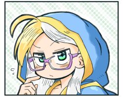 Rule 34 | 1girl, 1segani, ahoge, bespectacled, blue robe, border, closed mouth, flying sweatdrops, glasses, green eyes, hearthstone, hood, hood up, jaina proudmoore, long hair, looking at viewer, multicolored hair, pointing, pointing at self, purple-framed eyewear, robe, solo, two-tone hair, warcraft, white border, white hair