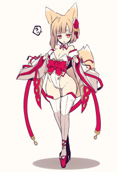 1girl ? animal_ears bare_shoulders blonde_hair blunt_bangs breasts commentary_request detached_collar detached_sleeves fox_ears fox_tail groin hair_ornament highleg highleg_leotard highres hisui_(syarute) japanese_clothes kitsune leotard loli looking_at_viewer medium_hair nontraditional_miko obi original platform_sandals red_eyes ribbon-trimmed_sleeves ribbon_trim sandals sash sidelocks simple_background small_breasts solo spoken_question_mark strapless strapless_leotard tabi tail thick_eyebrows thighhighs white_background white_leotard white_thighhighs wide_sleeves zouri