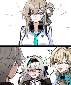 2boys 2girls aventurine_(honkai:_star_rail) black_hairband blonde_hair blue_eyes blush breasts caelus_(honkai:_star_rail) closed_eyes closed_mouth commentary crossover earrings firefly_(honkai:_star_rail) frilled_shirt_collar frills grey_hair hair_between_eyes hair_ornament hairband headphones headphones_around_neck highres honkai:_star_rail honkai_(series) if_they_mated jewelry large_breasts long_hair looking_at_another lynae_(wuthering_waves) mini2chainz multiple_boys multiple_girls open_mouth revision shirt skull_hair_ornament smile star_(symbol) star_earrings sweat trailblazer_(honkai:_star_rail) white_shirt wuthering_waves