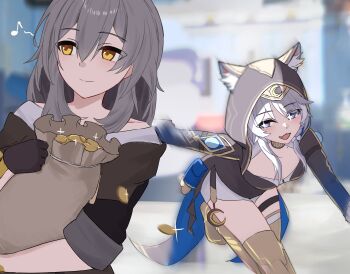 2girls absurdres anima_miko animal_ears bag black_jacket blue_eyes blush braid breasts cat_ears cat_girl cipher_(honkai:_star_rail) cleavage coin collarbone fang gold_coin highres honkai:_star_rail honkai_(series) hood hoodie jacket large_breasts medium_hair multiple_girls musical_note running solo spoken_musical_note stelle_(honkai:_star_rail) tailcoat trailblazer_(honkai:_star_rail) yellow_eyes