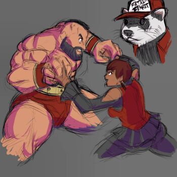 Rule 34 | 1girl, ass, badly tagged upload, breasts, brown eyes, brown hair, dark-skinned female, dark skin, dress, earrings, female focus, ferret, formal clothes, highres, holding hands, huge ass, jewelry, medium breasts, pants, short hair, street fighter, suit, tan, taurence bell, the king of fighters, thighs, tongue, tongue out, vice (kof), zangief